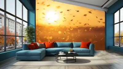 A swarm of insects is flying in the sky at sunset Wall mural