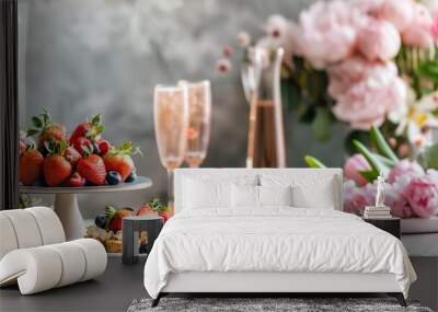 a table topped with plates of food and a glass of wine next to a vase of flowers Wall mural