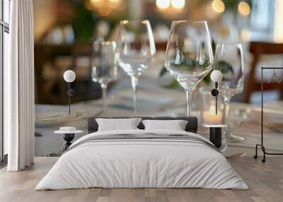 A table with a white tablecloth and a set of wine glasses and forks Wall mural