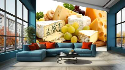 a variety of cheeses and grapes on a wooden platter with a white background Wall mural