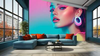 A woman with pink and blue earrings and pink lipstick. She is wearing a yellow top. The photo is in a neon color Wall mural