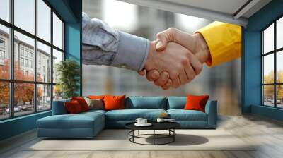 Architect and builder shaking hands. The handshake is firm and confident. Scene is professional and serious Wall mural