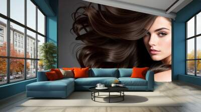 Brunette woman with shiny healthy long hair, generative ai image Wall mural