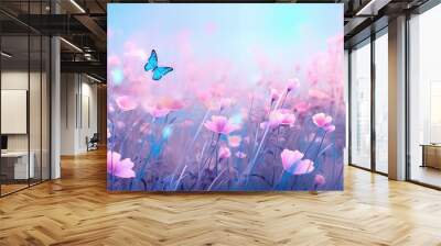 Butterfly over pink flowers. Wall mural