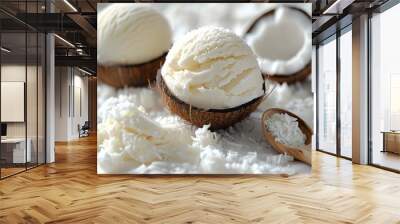 Coconut ice cream, bowl of ice cream is sitting on top of a coconut shell Wall mural