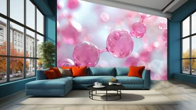 Collagen serum bubble and vitamin illustration, pink beauty hyaluronic acid molecules background Wall mural