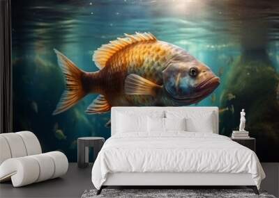 Fish underwater, freshwater body of water, view from the depth of the water, generative ai Wall mural