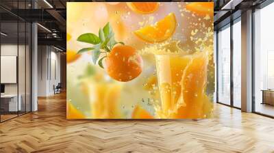 glass of orange juice with oranges falling into it Wall mural