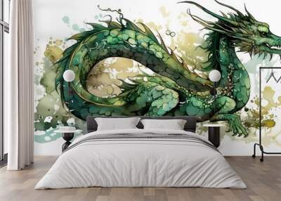 Green wood dragon, generative ai illustration Wall mural