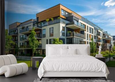 row of modern apartment buildings with a green lawn Wall mural