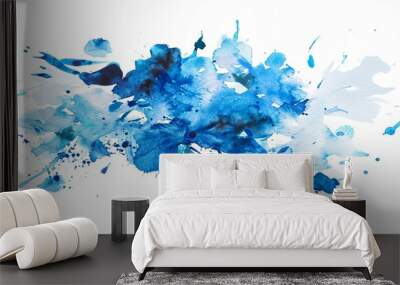 Splash of blue paint on a white background. The blue paint is splattered and has a sense of movement Wall mural