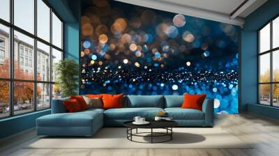 The image is a blue and brown background with many small, colorful dots. The dots are scattered throughout the image, creating a sense of movement and energy. Scene is lively and dynamic Wall mural