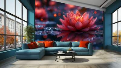 Zen lotus flower in modern city street, digital era mental health practices. Wall mural