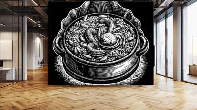 A black and white drawing of a bowl of food with a small ball in the middle Wall mural