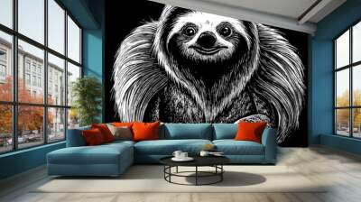 A black and white drawing of a sloth with a smile on its face Wall mural