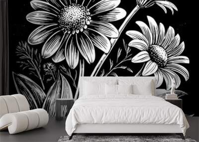 A black and white drawing of two flowers with green leaves Wall mural