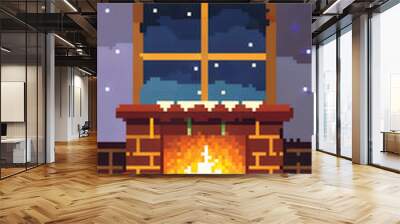 Cozy Pixel Art Winter Scene with Fireplace and Gifts by Snowy Window Wall mural