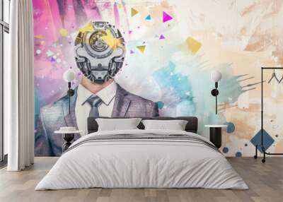 Futuristic Robot Head in Business Suit Against Colorful Abstract Background Wall mural