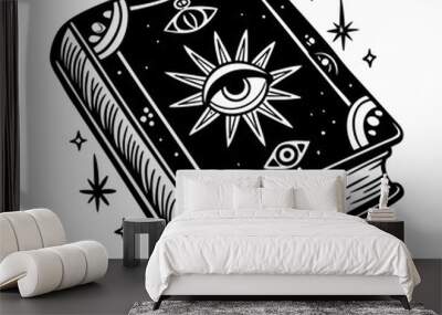 Mystic Black and White Illustrated Book with Eye and Star Designs Wall mural