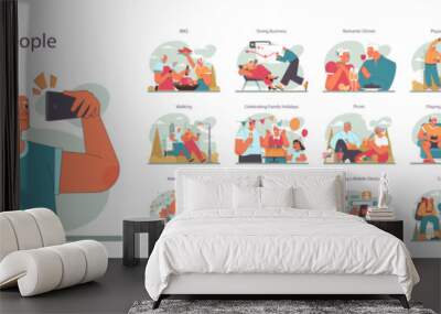 Active and happy retired people set. Senior characters having fun Wall mural