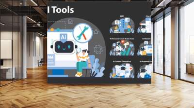 AI Tools night or dark mode set. A comprehensive suite of AI-driven applications. Enhances productivity in digital tasks. Automates social media, SEO, and coding. Flat vector illustration. Wall mural