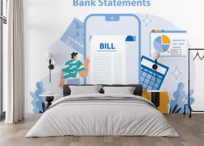 Bank Statements Concept. Detailed financial overview with digital bank statements. Easy tracking of expenses and income. Flat vector illustration. Wall mural