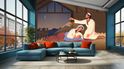 Bible narratives about the Nativity of Jesus. Mary, Joseph and baby Jesus Wall mural