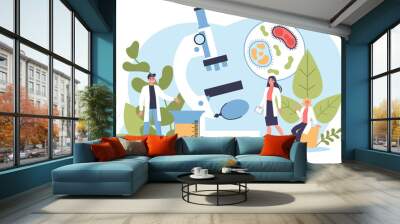 Biology science concept. People with microscope make laboratory Wall mural