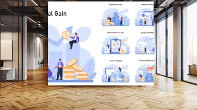 Capital Gain set. Enhancing financial growth through strategic investments. Methods of increasing wealth, securing assets, and ensuring future prosperity. Flat vector illustration. Wall mural