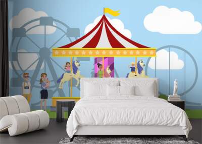 Children having fun on the merry go round Wall mural