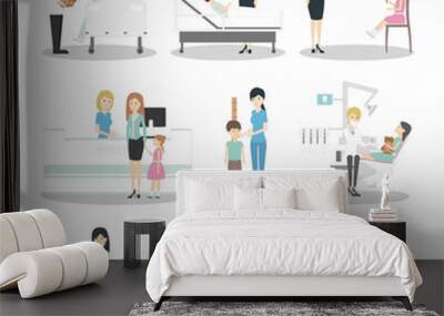 Children in hospital set. Pediatrician, reception, waiting room and ward. Kids with illness. Isolated icons on white background. Wall mural