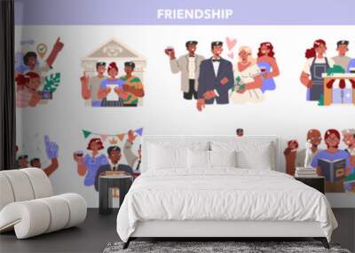 Close lifetime friends group set. Children aging together. Girl and two Wall mural