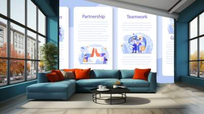 Collaboration mobile application banner set. Office characters working in team. Wall mural