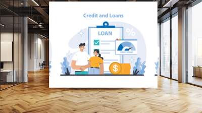 Core Banking Service trio. Navigating savings growth, loan processes, and online banking activities. Enabling financial empowerment with ease. Flat vector illustration. Wall mural