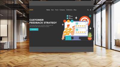 Customer feedback web banner or landing page dark or night mode. Consumer reviews. Sharing assessment of a purchased goods in social media blog, leaving a comment. Flat vector illustration Wall mural