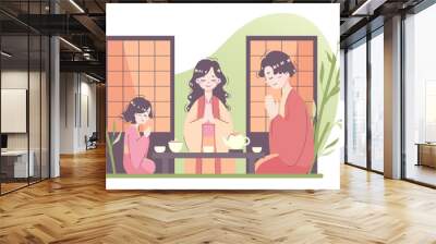 Daily routine of an asian woman. Japanese family in traditional Wall mural