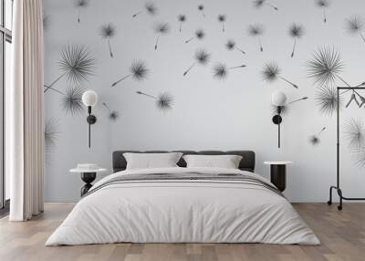 Dandelion on grey background. Flying spores. Concept of wishing, tenderness and summer time. Wall mural