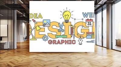 Design concept illustration on blue. Idea of making creative products. Design word with many icons as calendar, light bulb, pencils and more. Wall mural