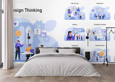 Design Thinking set. Stages of innovative solution finding from user surveys to results analysis. Collaborative brainstorming, ideation, and testing processes. Flat vector illustration Wall mural