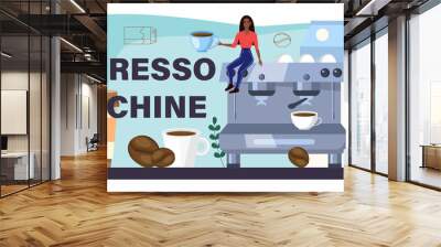 Espresso machine typographic header. Barista making a cup of hot coffee Wall mural