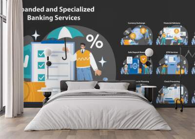 Expanded and specialized banking services night or dark mode set. Comprehensive coverage of financial operations. Client support, transaction ease, diversified portfolios. Wall mural