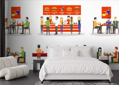 Fast food set with visitors, menu and kitchen. Burgers and drinks. Chefs making fries. Wall mural