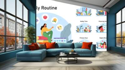 Female character daily routine and schedule. Active and healthy lifestyle Wall mural