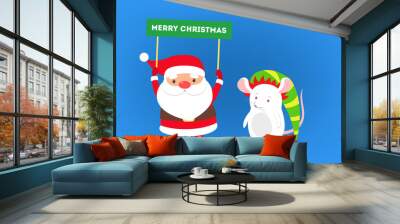 Happy Santa Claus holding a Merry Christmas sign Wall mural