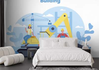 House building concept. Workers constructing home with tools Wall mural