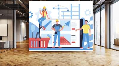 House building concept. Workers constructing home with tools Wall mural