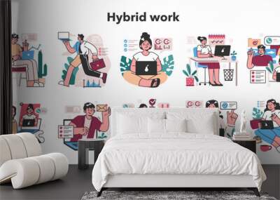 Hybrid work set. Characters with a flexible schedule, working Wall mural