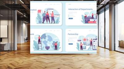 Interaction of departments web banner or landing page set. Business teamwork Wall mural