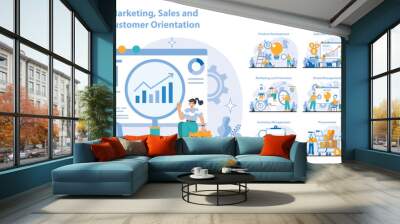 Marketing and Sales set. Comprehensive customer engagement strategies. Cross-functional business operations depicted. Data-driven decision-making illustration. Flat vector illustration. Wall mural