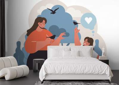 Mother and daughter sharing a joyful moment with birds in nature. Celebrating love and happiness amidst serene surroundings. Bonding, nature's bliss, and childhood wonder. Flat vector illustration Wall mural